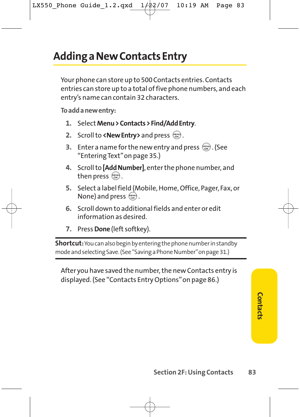 Adding a new contacts entry | LG LX550 User Manual | Page 97 / 194