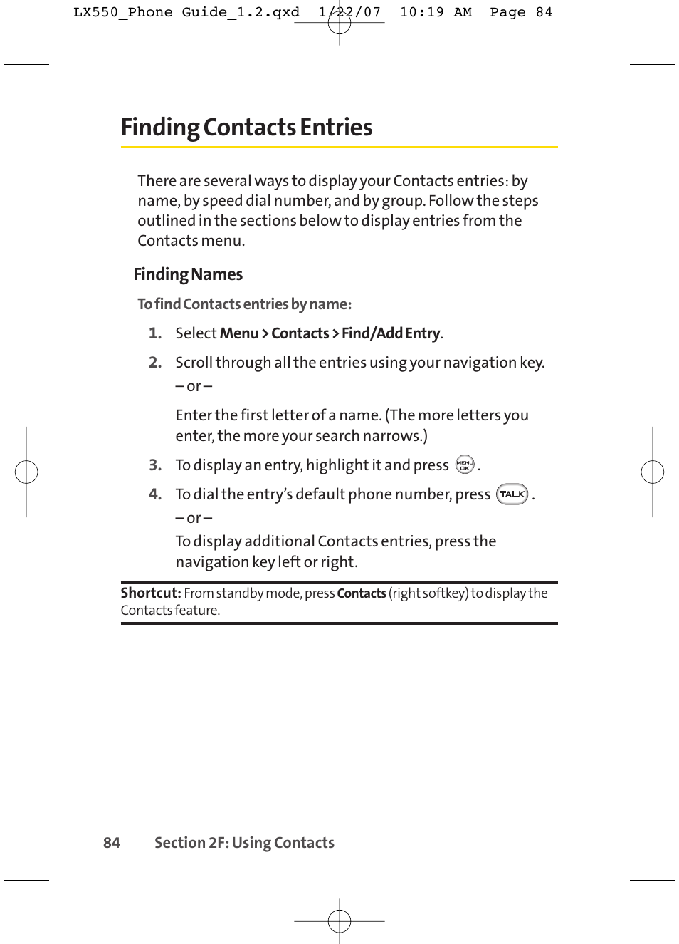 Finding contacts entries | LG LX550 User Manual | Page 98 / 194