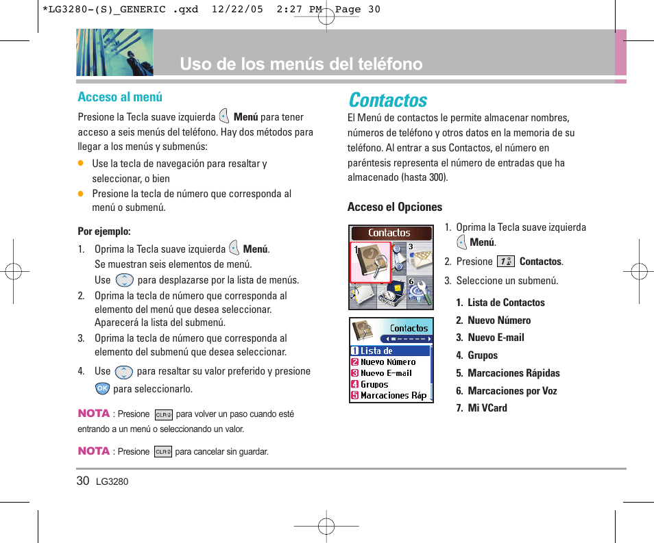 Contactos, Uso de los menús del teléfono, Acceso al menú | LG VX3300 User Manual | Page 109 / 156