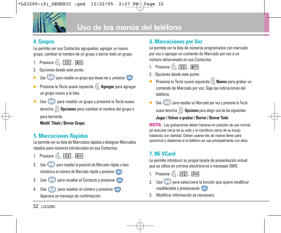 Uso de los menús del teléfono, Grupos, Marcaciones rápidas | Marcaciones por voz, Mi vcard | LG VX3300 User Manual | Page 111 / 156