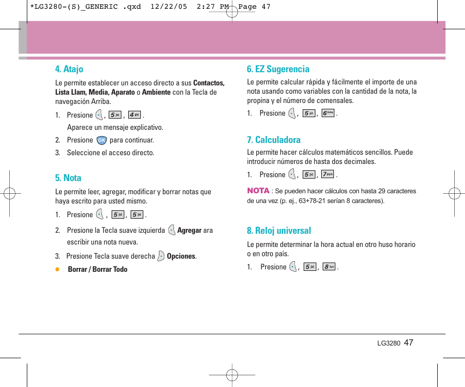 Atajo, Nota, Ez sugerencia | Calculadora, Reloj universal | LG VX3300 User Manual | Page 126 / 156