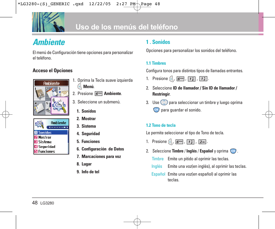 Ambiente, Uso de los menús del teléfono | LG VX3300 User Manual | Page 127 / 156