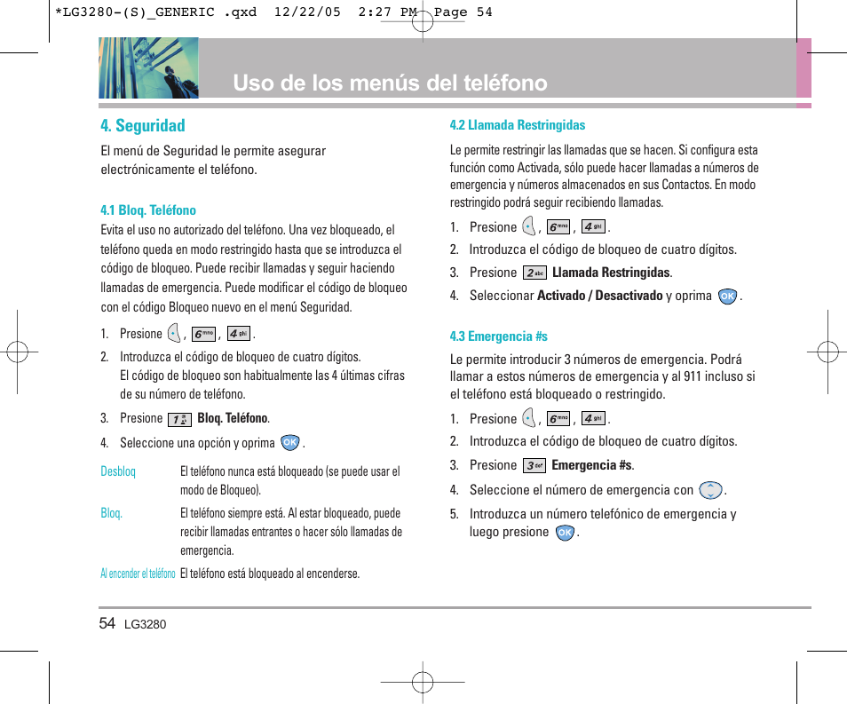 Uso de los menús del teléfono, Seguridad | LG VX3300 User Manual | Page 133 / 156