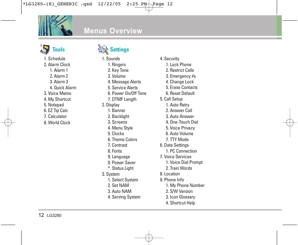 Menus overview | LG VX3300 User Manual | Page 14 / 156