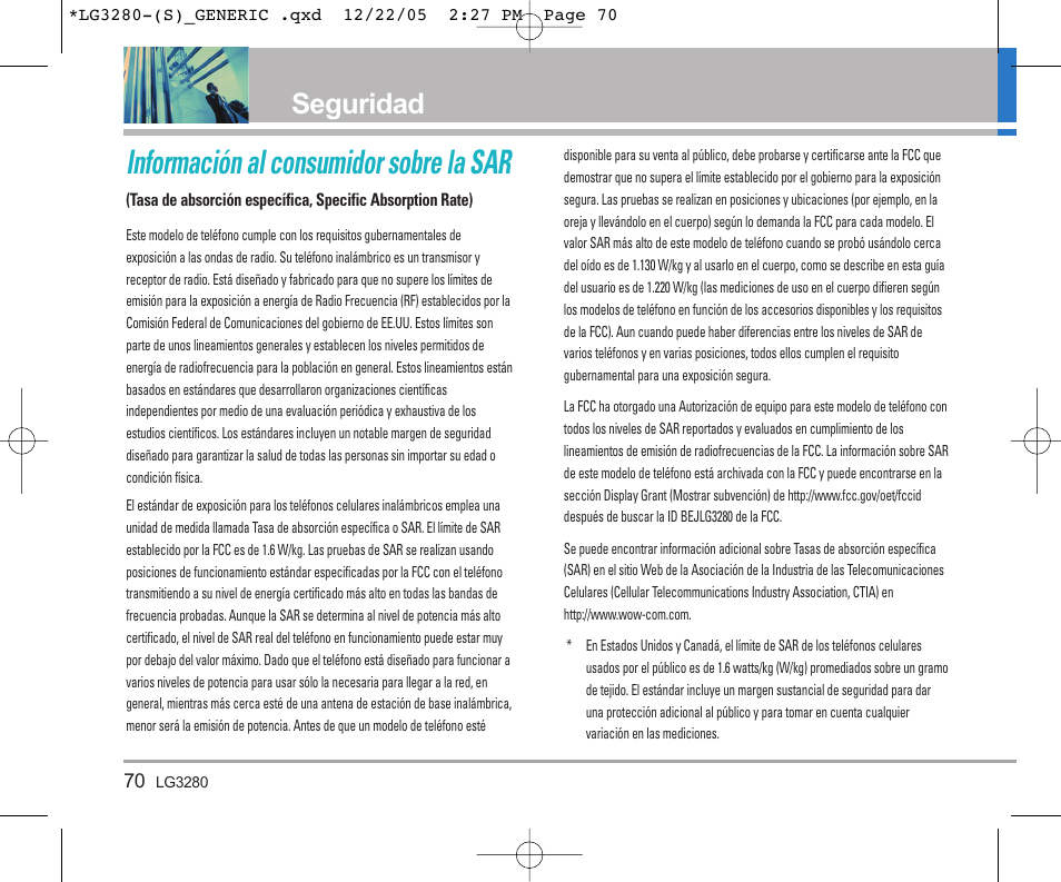Información al consumidor sobre la sar, Seguridad | LG VX3300 User Manual | Page 149 / 156