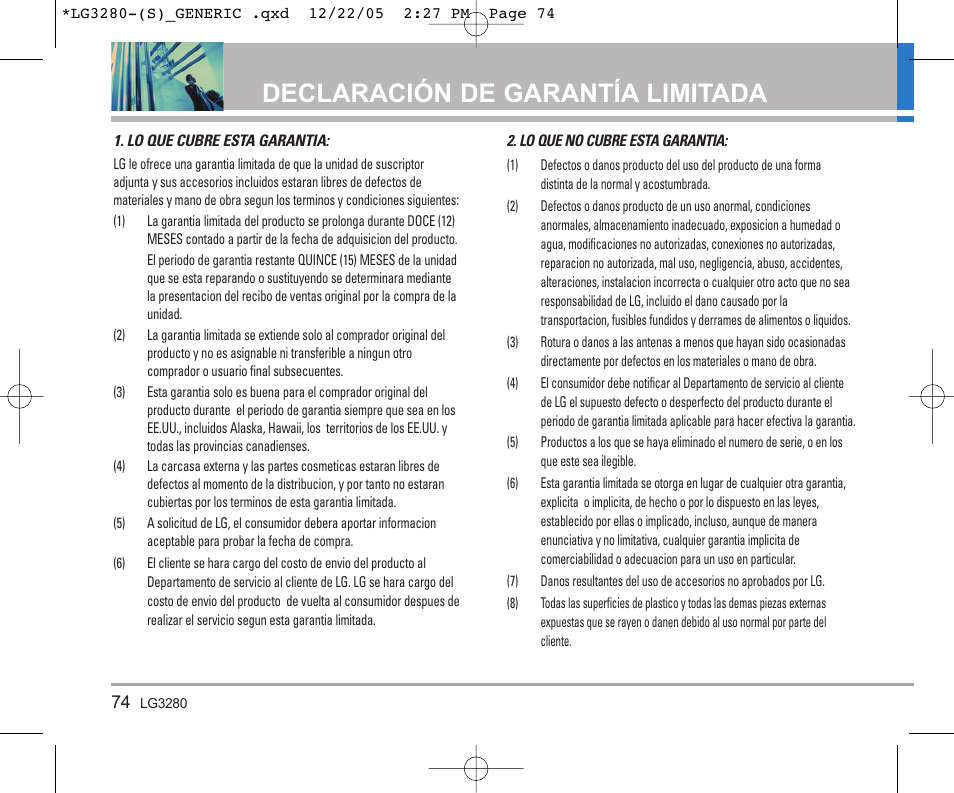 Declaración de garantía limitada | LG VX3300 User Manual | Page 153 / 156