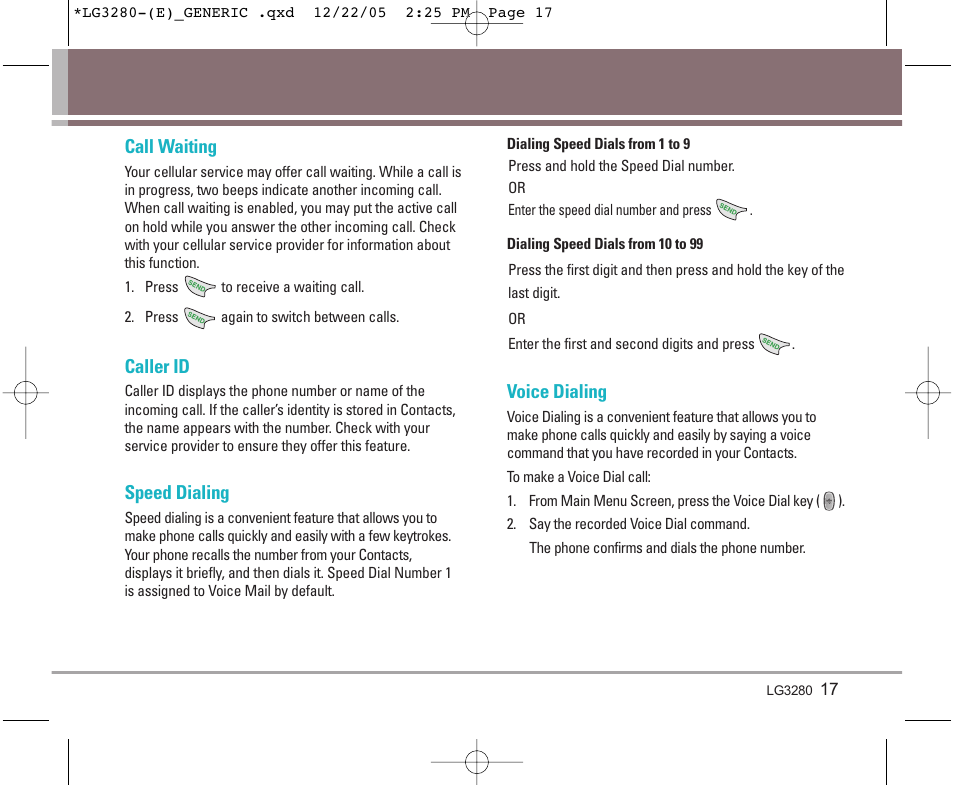 Call waiting, Caller id, Speed dialing | Voice dialing | LG VX3300 User Manual | Page 19 / 156