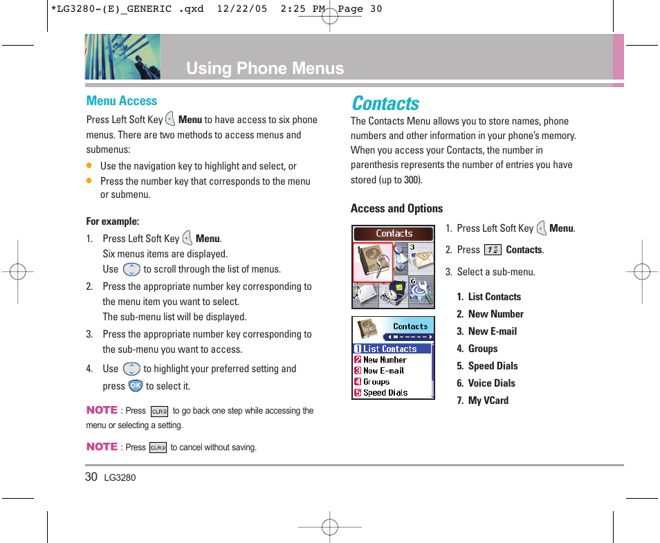 Contacts, Using phone menus, Menu access | LG VX3300 User Manual | Page 32 / 156