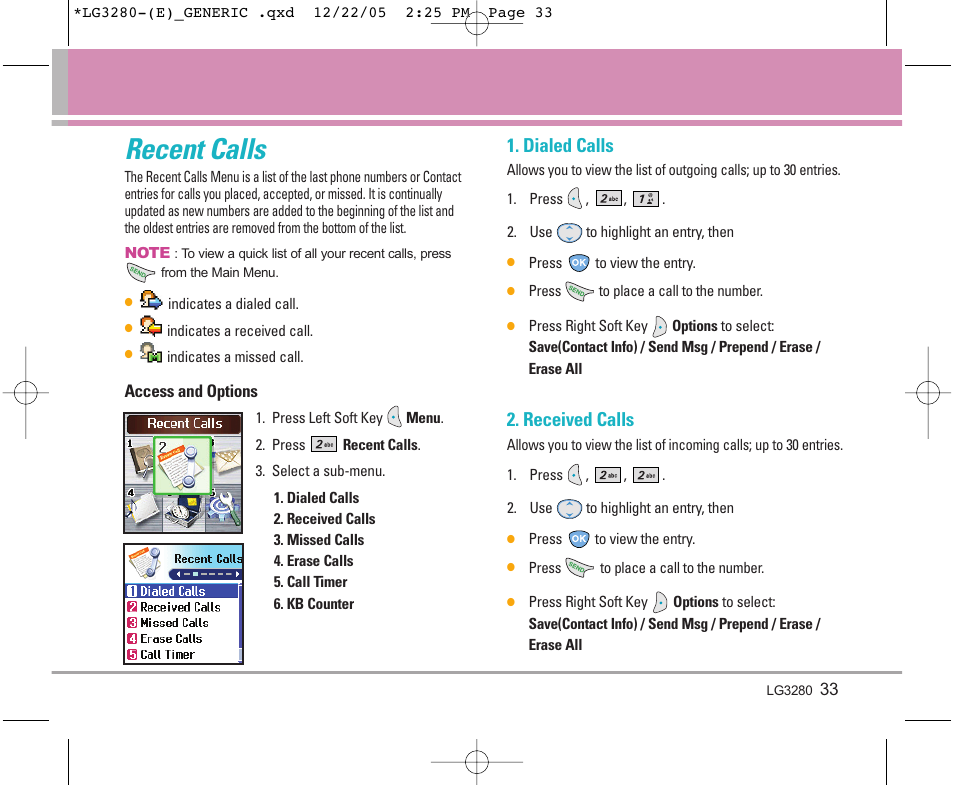 Recent calls, Dialed calls, Received calls | LG VX3300 User Manual | Page 35 / 156