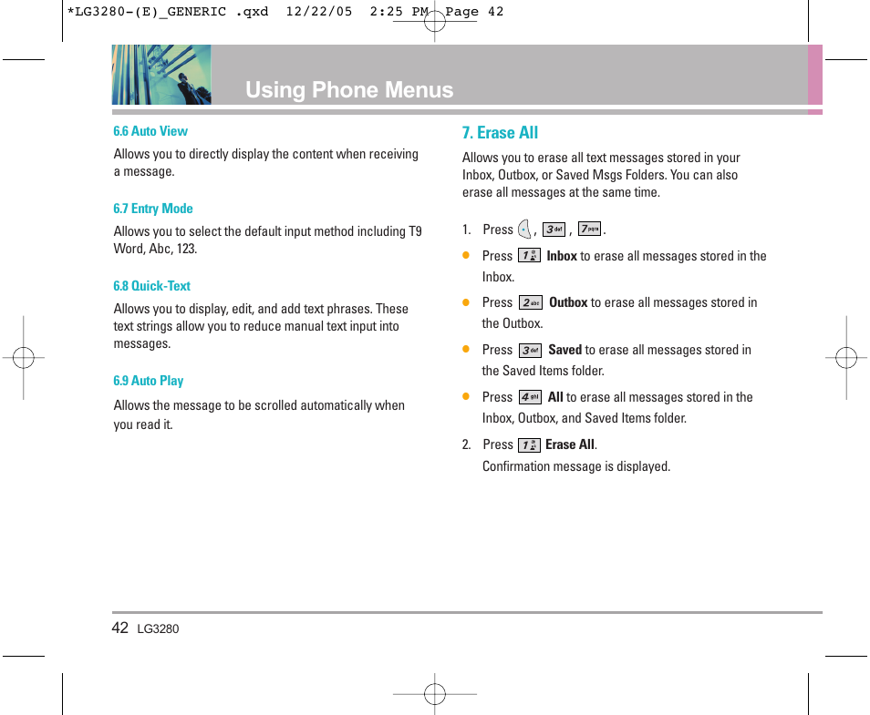 Using phone menus, Erase all | LG VX3300 User Manual | Page 44 / 156