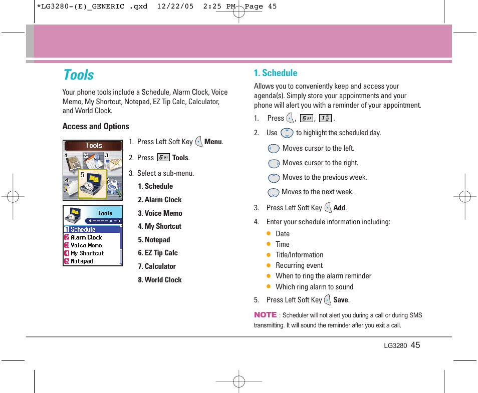 Tools, Schedule | LG VX3300 User Manual | Page 47 / 156