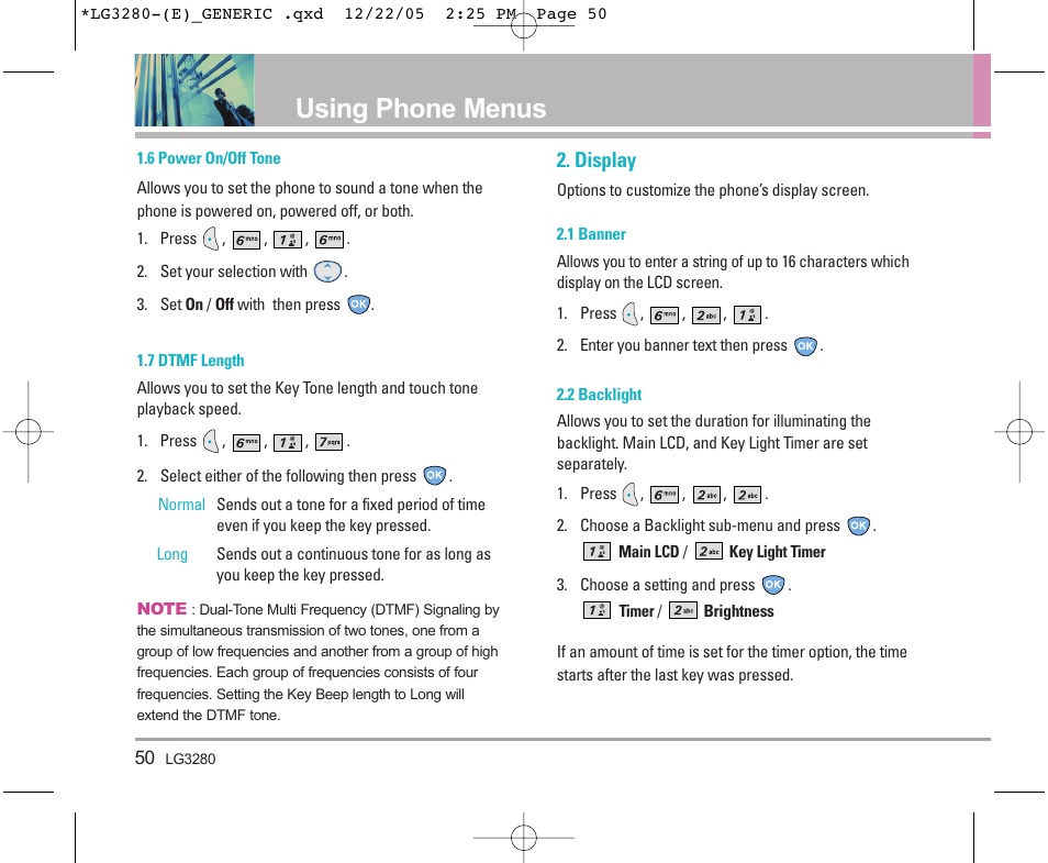 Using phone menus, Display | LG VX3300 User Manual | Page 52 / 156