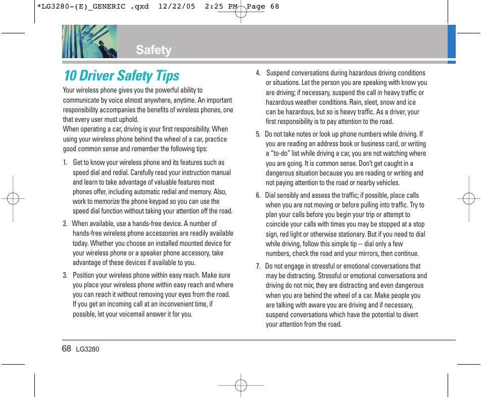 10 driver safety tips, Safety | LG VX3300 User Manual | Page 70 / 156