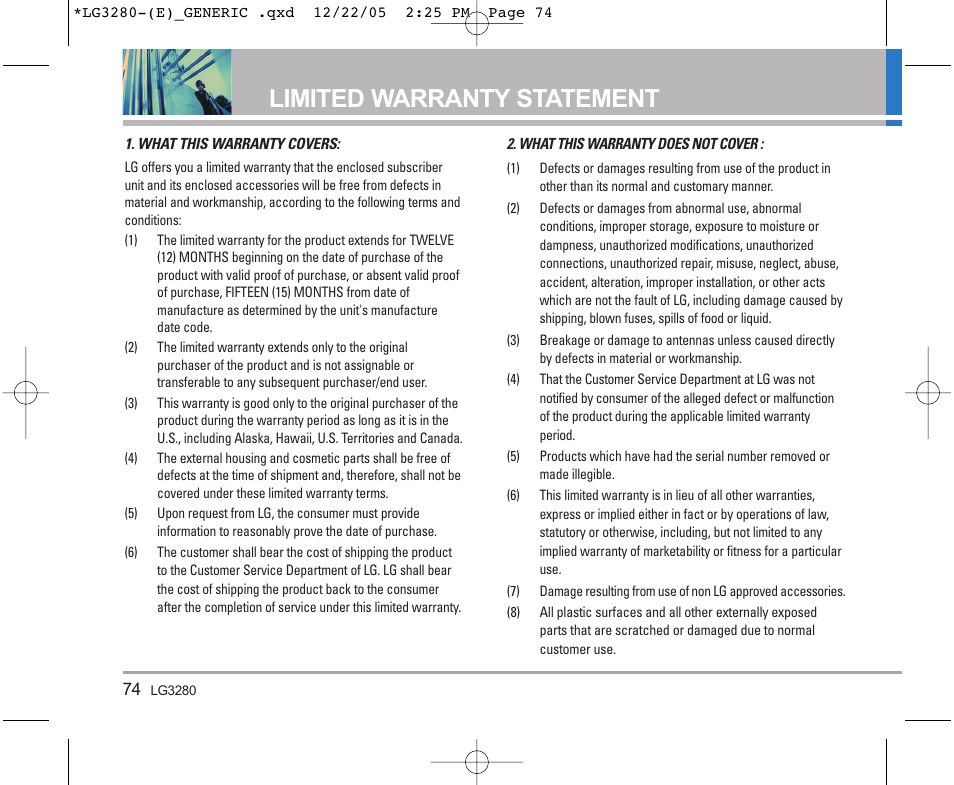 Limited warranty statement | LG VX3300 User Manual | Page 76 / 156