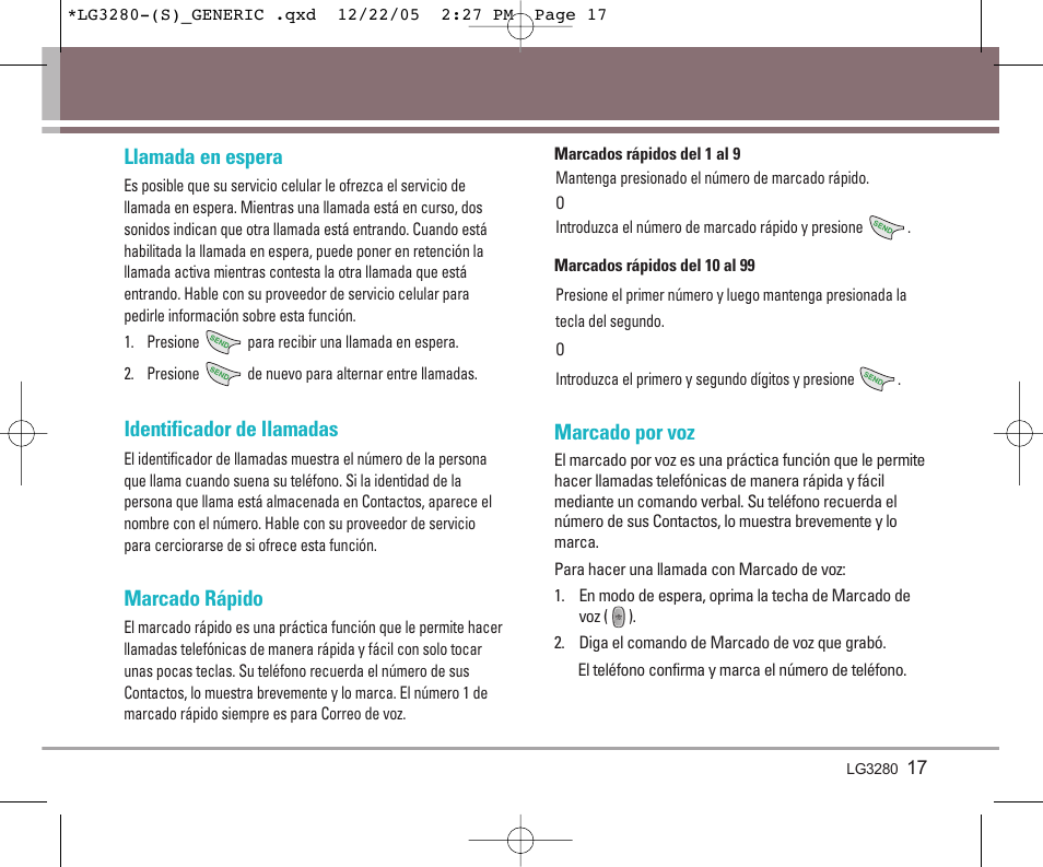 Llamada en espera, Identificador de llamadas, Marcado rápido | Marcado por voz | LG VX3300 User Manual | Page 96 / 156