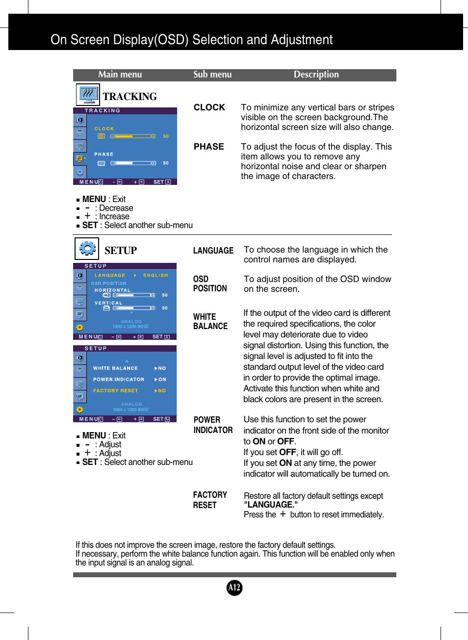 Tracking, Setup, On screen display(osd) selection and adjustment | LG L2000C-BF User Manual | Page 13 / 24