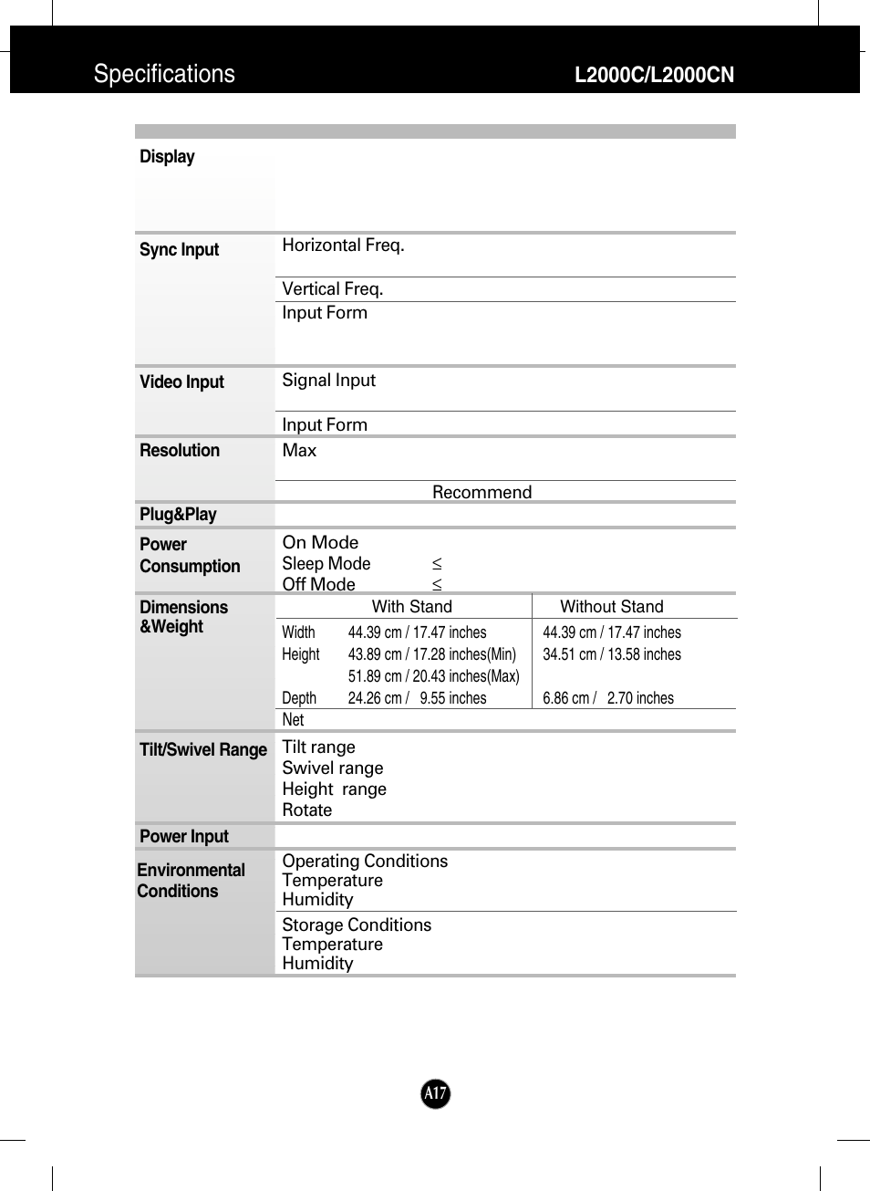 Specifications, L2000c/l2000cn | LG L2000C-BF User Manual | Page 18 / 24