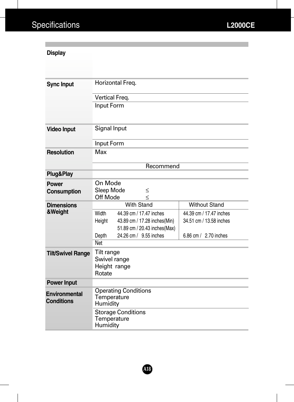 L2000ce, Specifications | LG L2000C-BF User Manual | Page 19 / 24