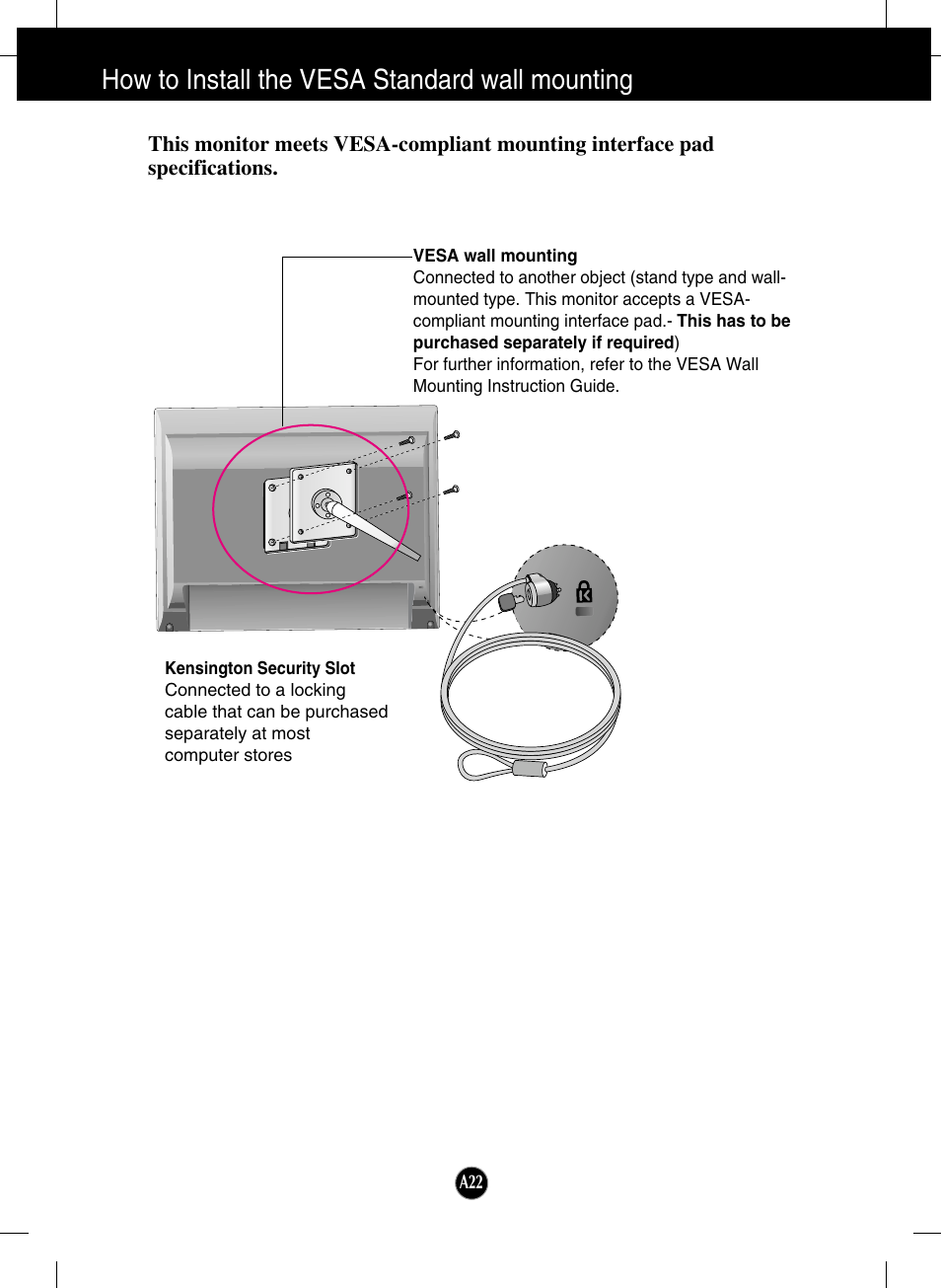 How to install the vesa standard wall mounting | LG L2000C-BF User Manual | Page 23 / 24