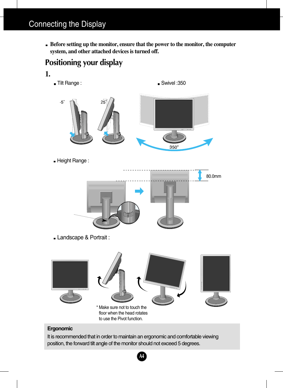 Positioning your display, Connecting the display | LG L2000C-BF User Manual | Page 5 / 24