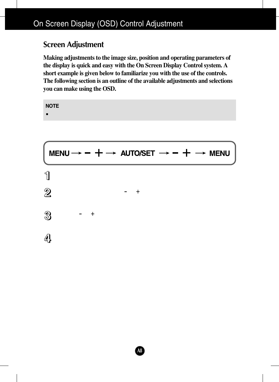 On screen display (osd) control adjustment, Screen adjustment | LG L2000C-BF User Manual | Page 9 / 24