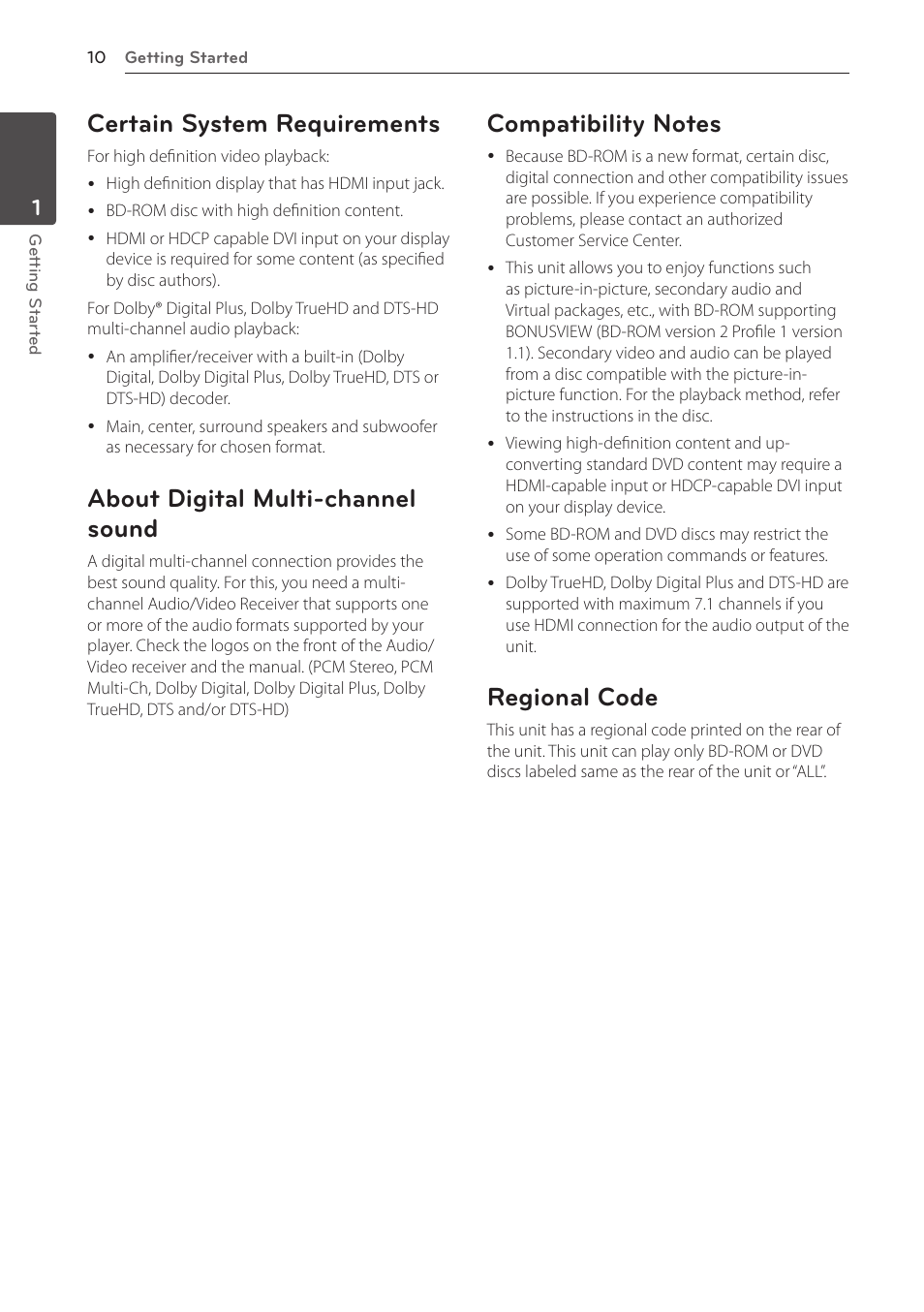 Certain system requirements, About digital multi-channel sound, Regional code | LG BD610 User Manual | Page 10 / 42