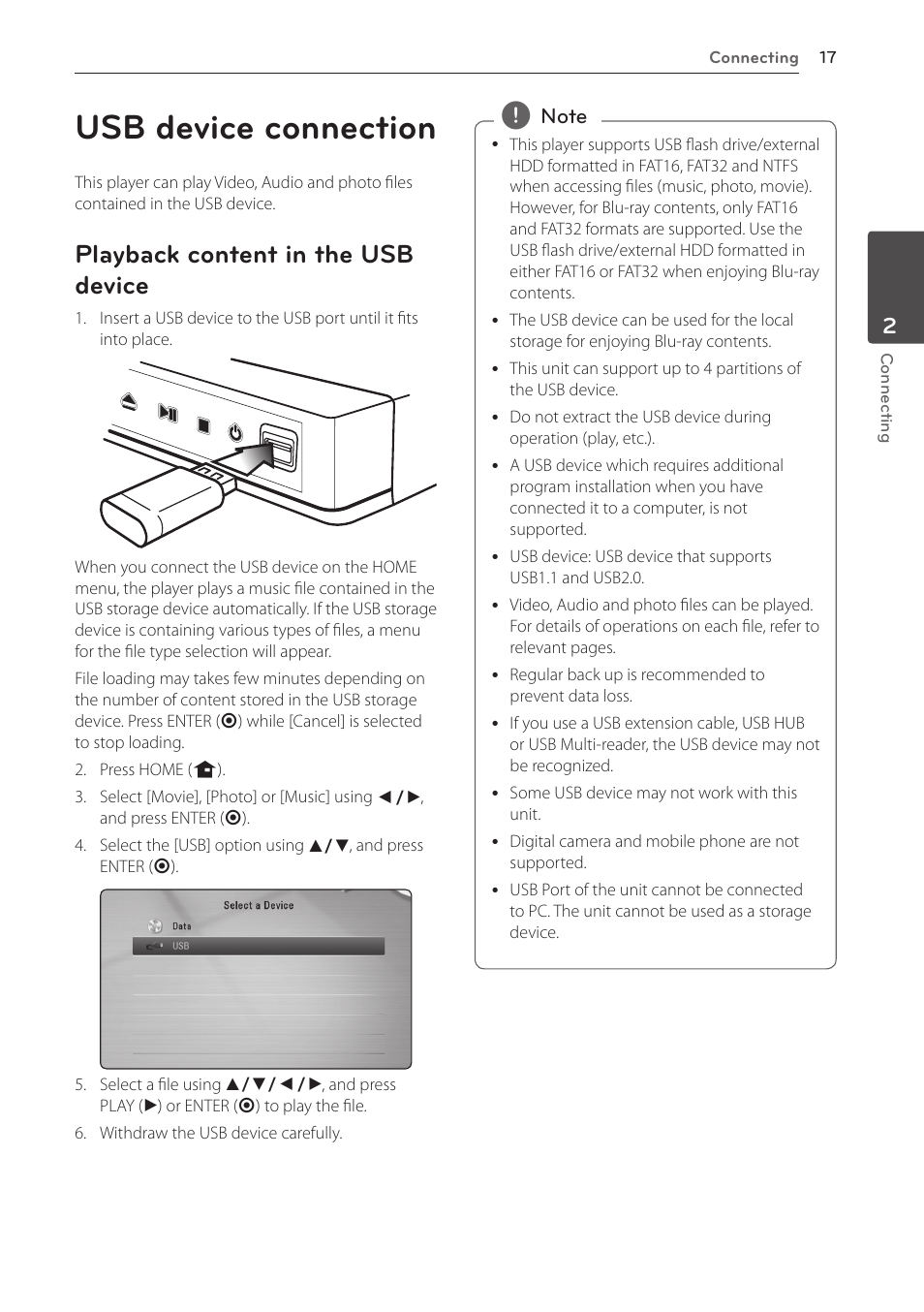 Usb device connection, Playback content in the usb device | LG BD610 User Manual | Page 17 / 42