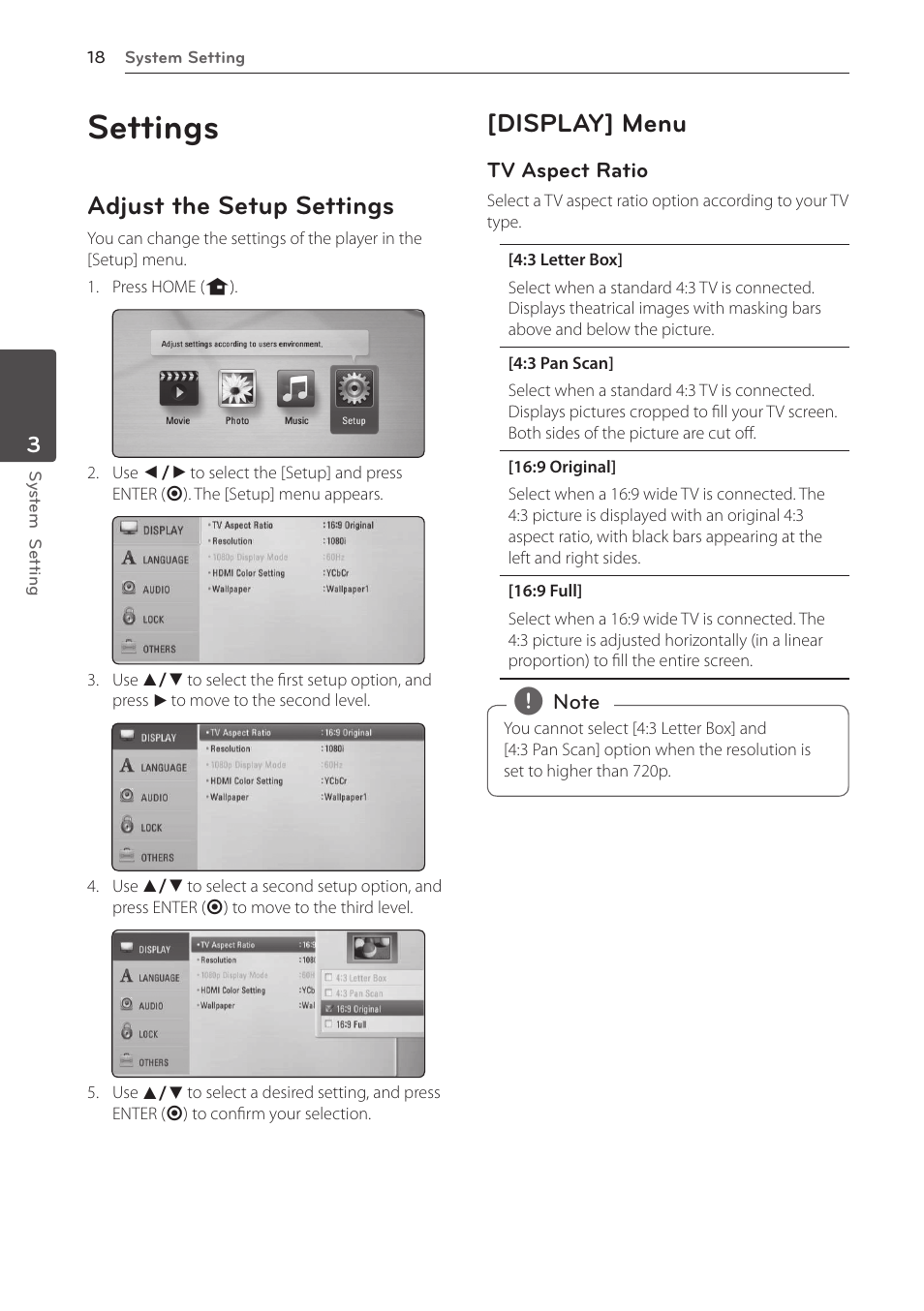 3 system setting, Settings, Adjust the setup settings | Display] menu | LG BD610 User Manual | Page 18 / 42