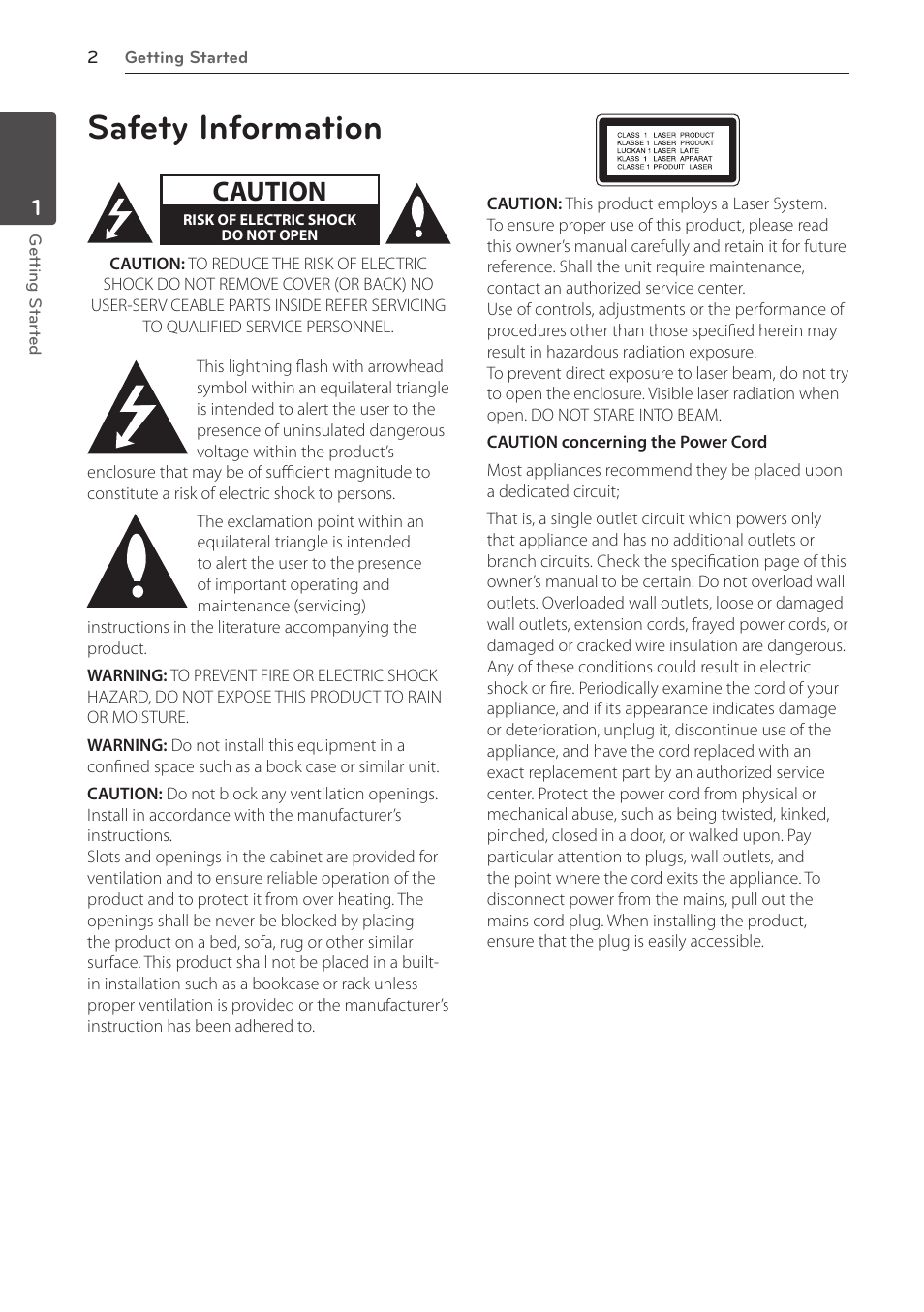 1 getting started, Safety information, Caution | LG BD610 User Manual | Page 2 / 42