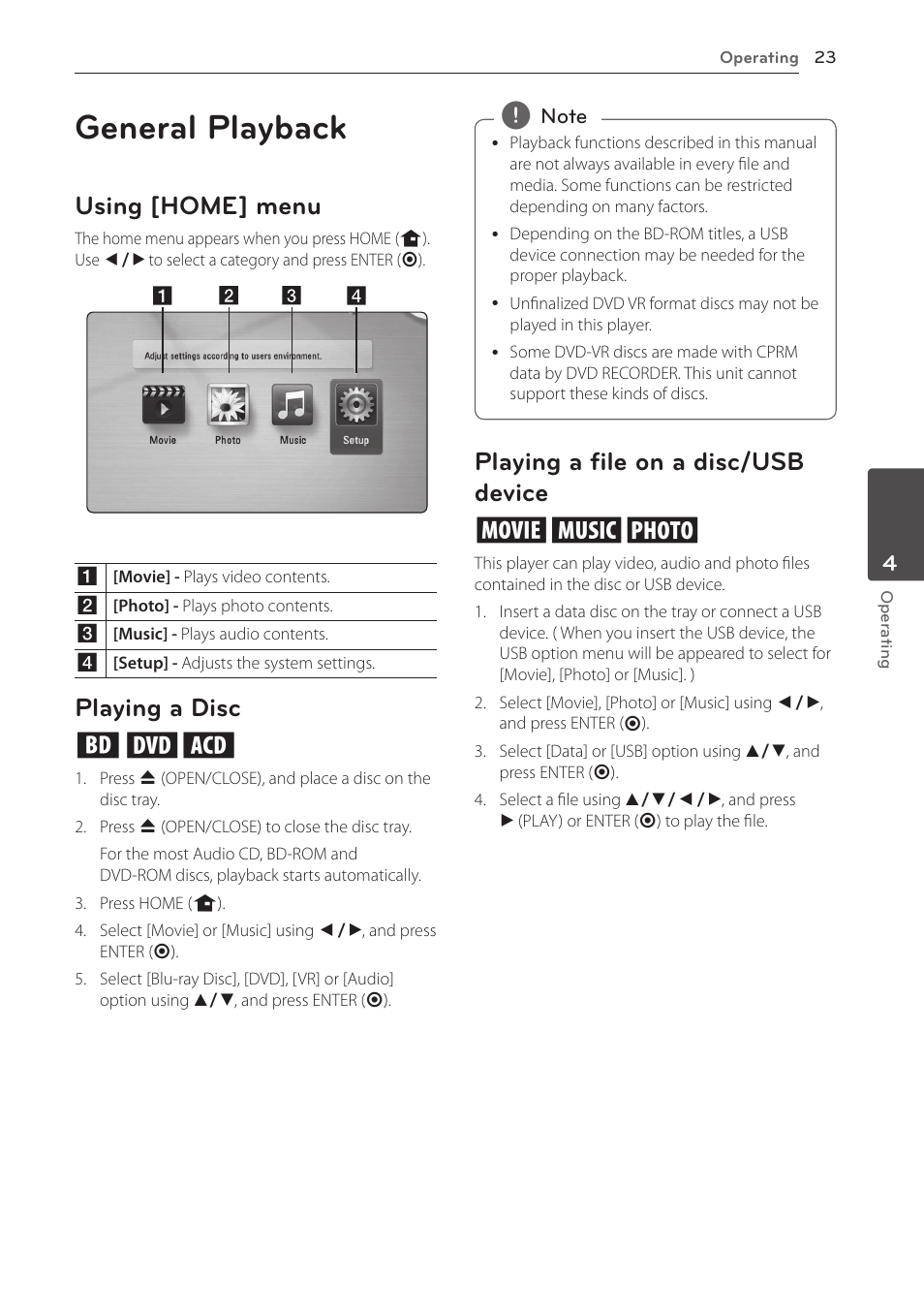 4 operating, General playback, Using [home] menu | Playing a disc, Playing a file on a disc/usb device, Playing a disc ert, Playing a file on a disc/usb device yui | LG BD610 User Manual | Page 23 / 42