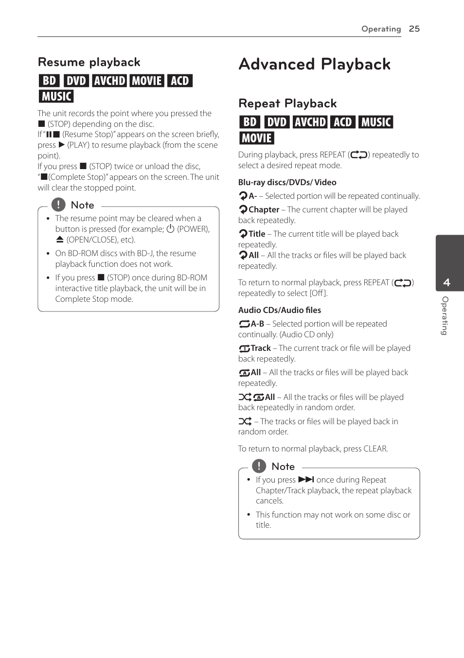 Resume playback, Advanced playback, Repeat playback | Resume playback eroyt u, Repeat playback erotu y | LG BD610 User Manual | Page 25 / 42