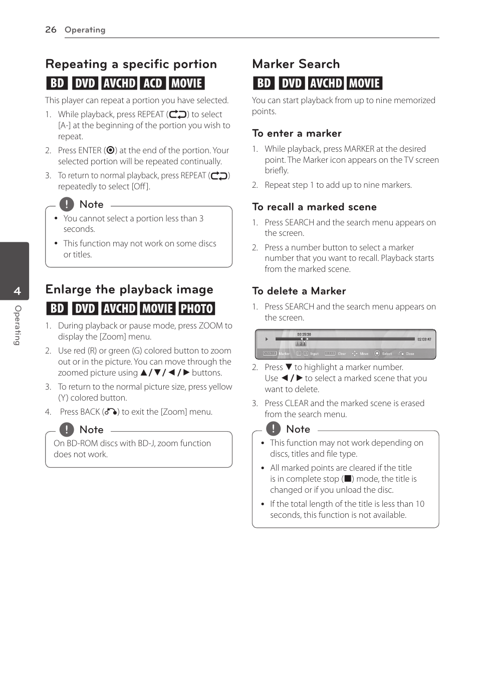 Repeating a specific portion, Enlarge the playback image, Marker search | Repeating a specific portion eroty, Enlarge the playback image eroyi, Marker search eroy | LG BD610 User Manual | Page 26 / 42