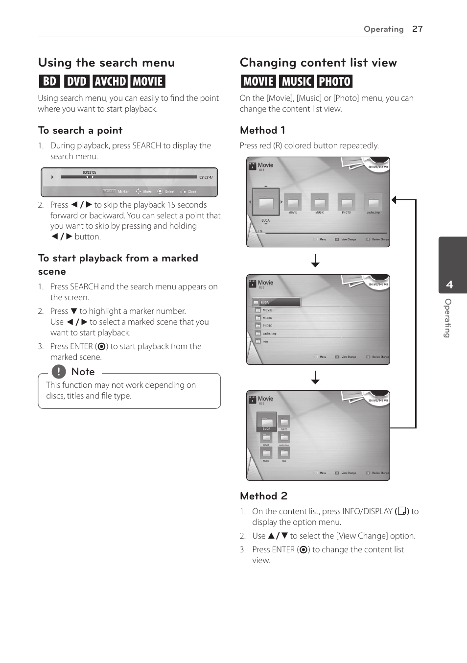 Using the search menu, Changing content list view, Using the search menu eroy | Changing content list view yui | LG BD610 User Manual | Page 27 / 42