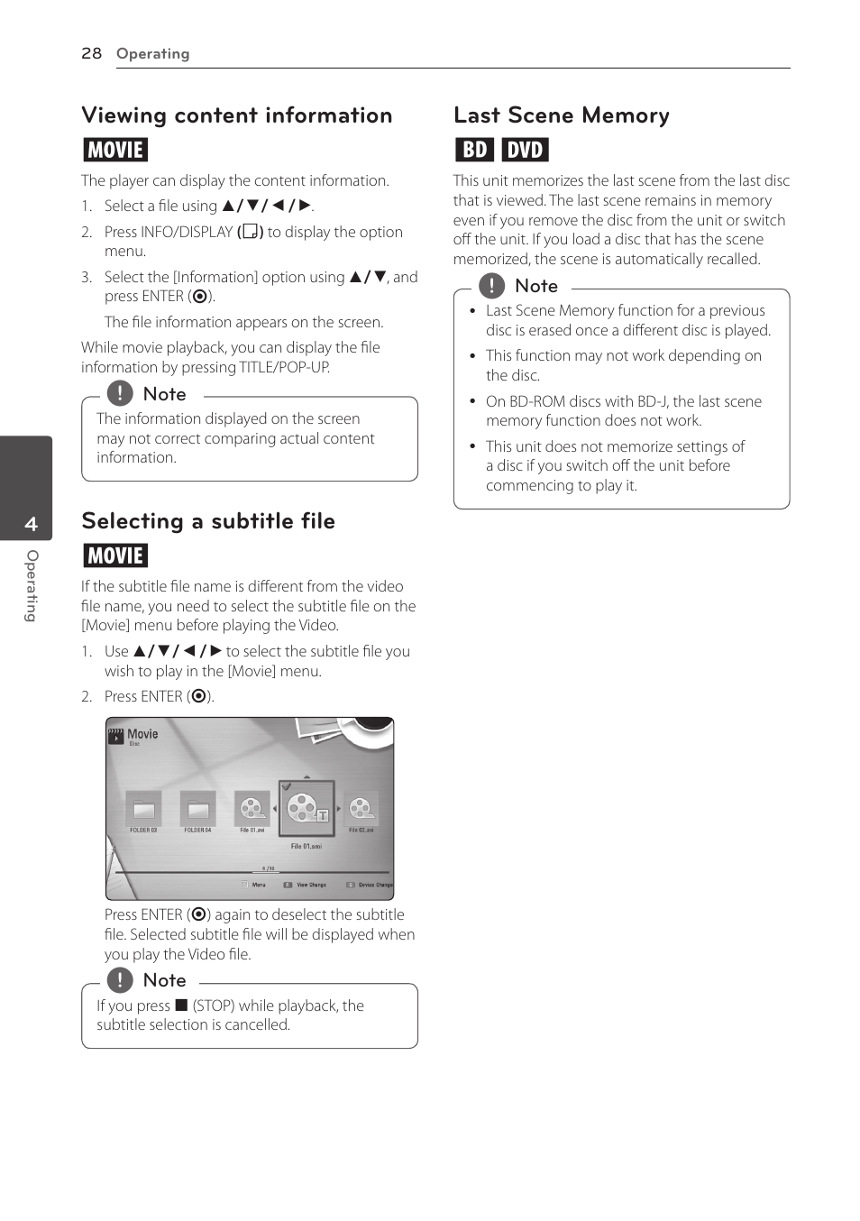 Viewing content information, Selecting a subtitle file, Last scene memory | Viewing content information y, Selecting a subtitle file y | LG BD610 User Manual | Page 28 / 42
