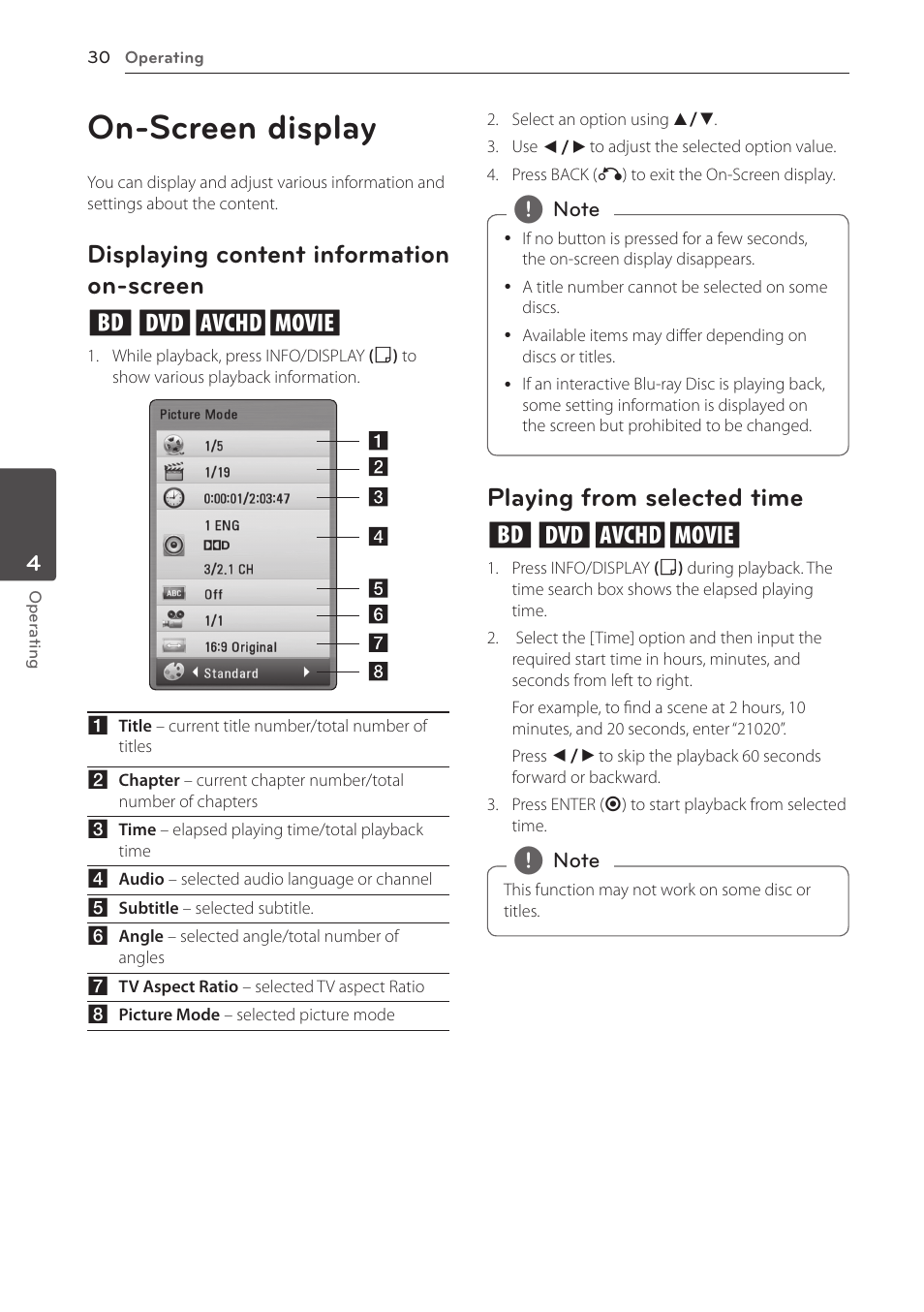 On-screen display, Displaying content information on-screen, Playing from selected time | Displaying content information on-screen eroy, Playing from selected time eroy | LG BD610 User Manual | Page 30 / 42