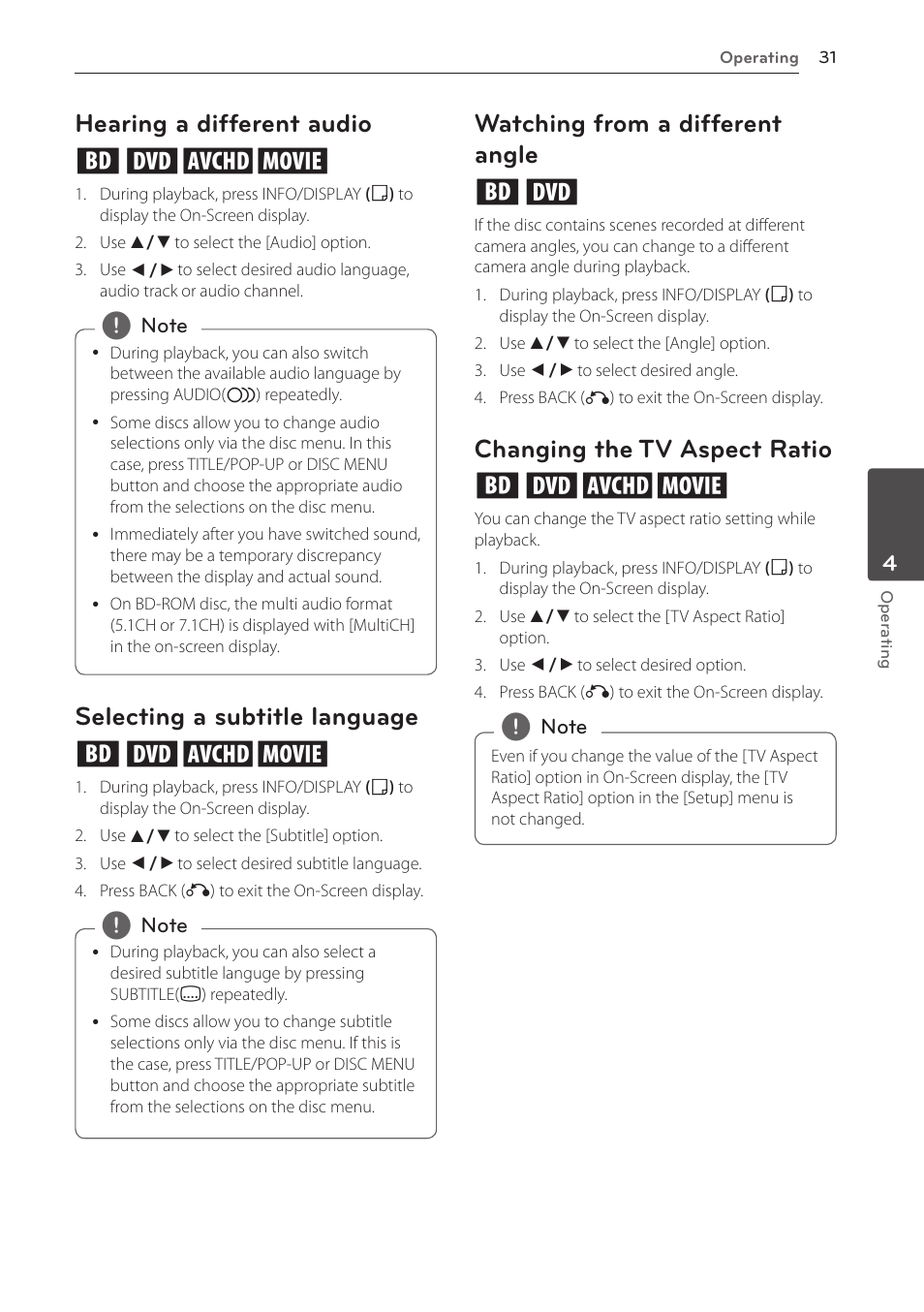 Hearing a different audio, Selecting a subtitle language, Watching from a different angle | Changing the tv aspect ratio, Hearing a different audio eroy, Selecting a subtitle language eroy, Watching from a different angle er, Changing the tv aspect ratio eroy | LG BD610 User Manual | Page 31 / 42