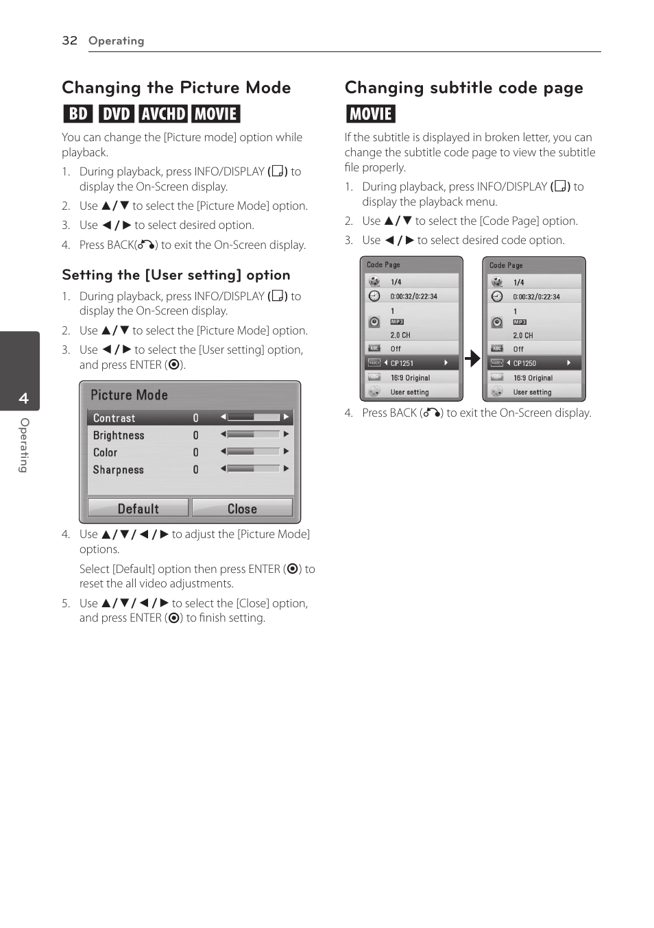 Changing the picture mode, Changing the picture mode eroy, Changing subtitle code page y | LG BD610 User Manual | Page 32 / 42