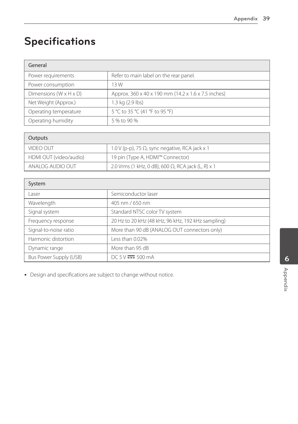 Specifications | LG BD610 User Manual | Page 39 / 42