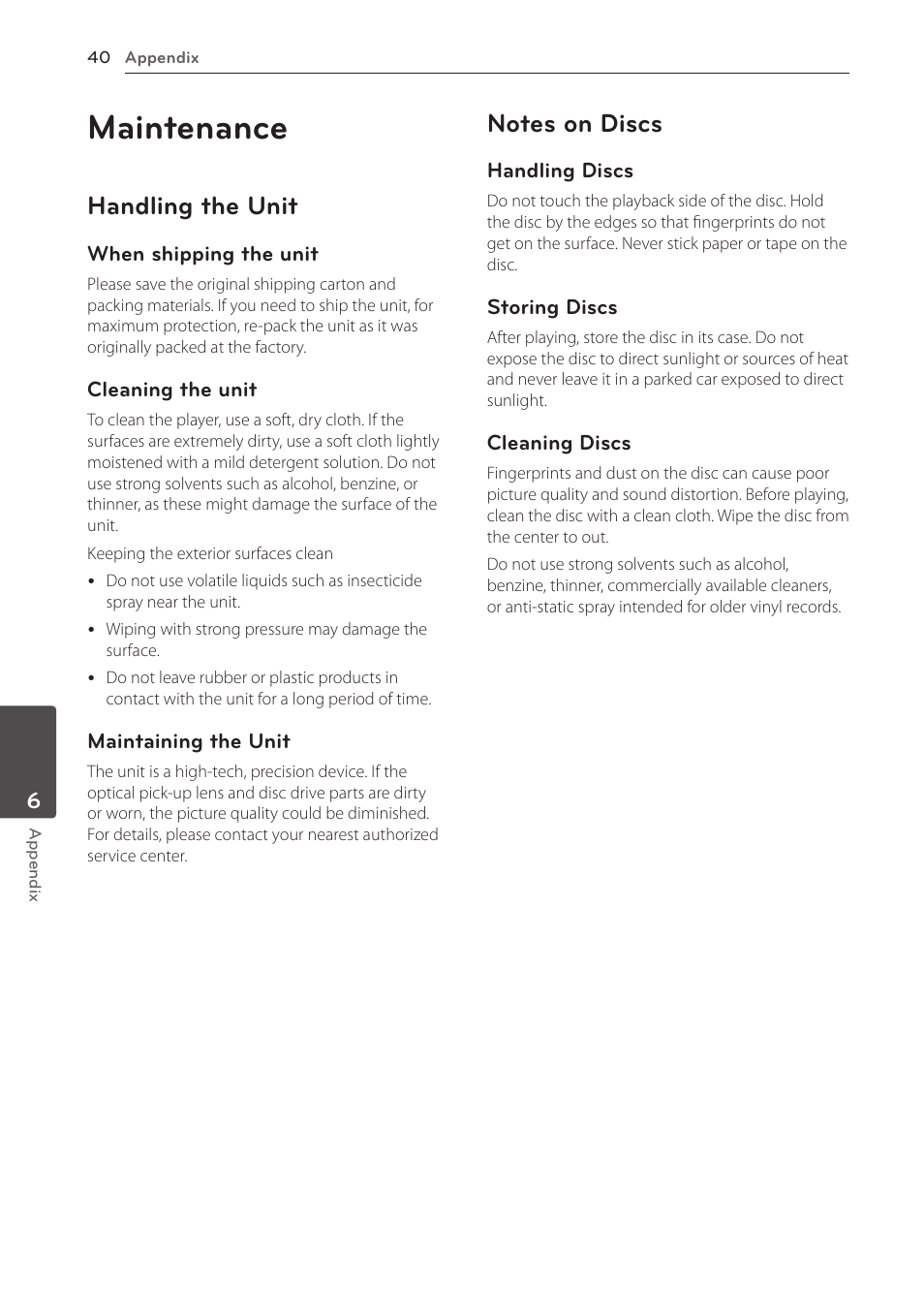 Maintenance, Handling the unit | LG BD610 User Manual | Page 40 / 42