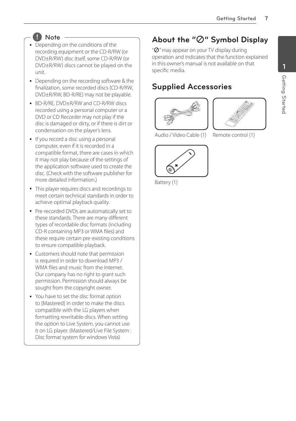 About the “ 7 ” symbol display, Supplied accessories | LG BD610 User Manual | Page 7 / 42