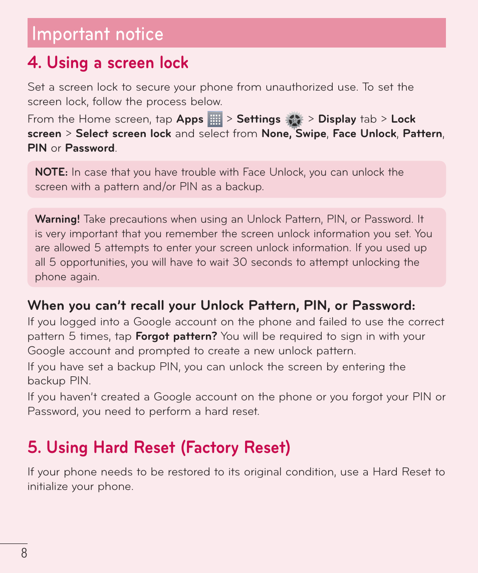 Important notice, Using a screen lock, Using hard reset (factory reset) | LG D415 User Manual | Page 10 / 122