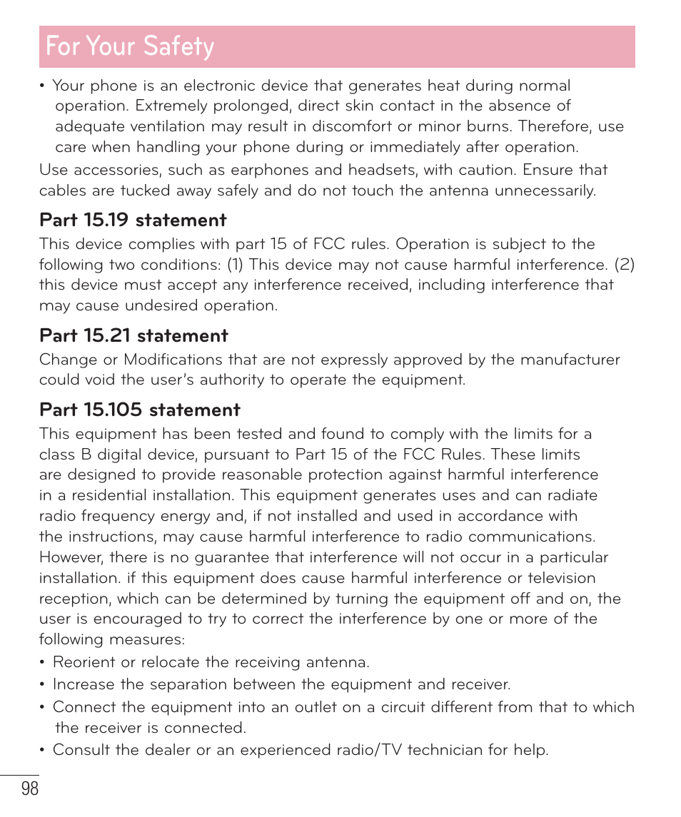 For your safety | LG D415 User Manual | Page 100 / 122