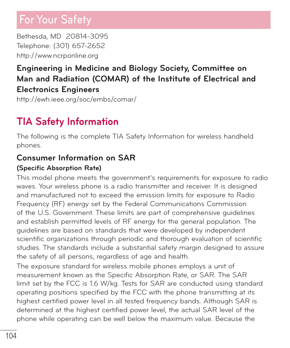 For your safety, Tia safety information | LG D415 User Manual | Page 106 / 122