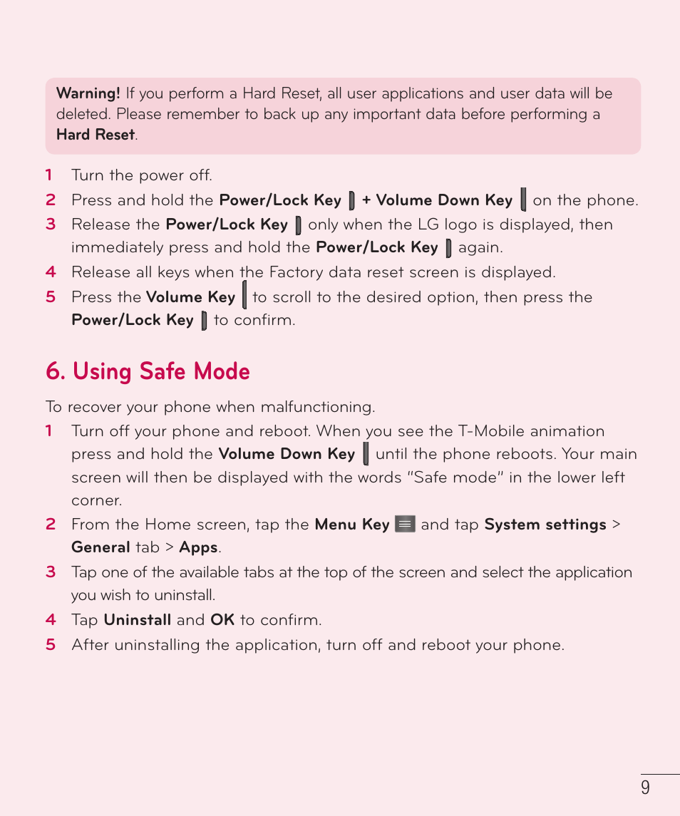 Using safe mode | LG D415 User Manual | Page 11 / 122