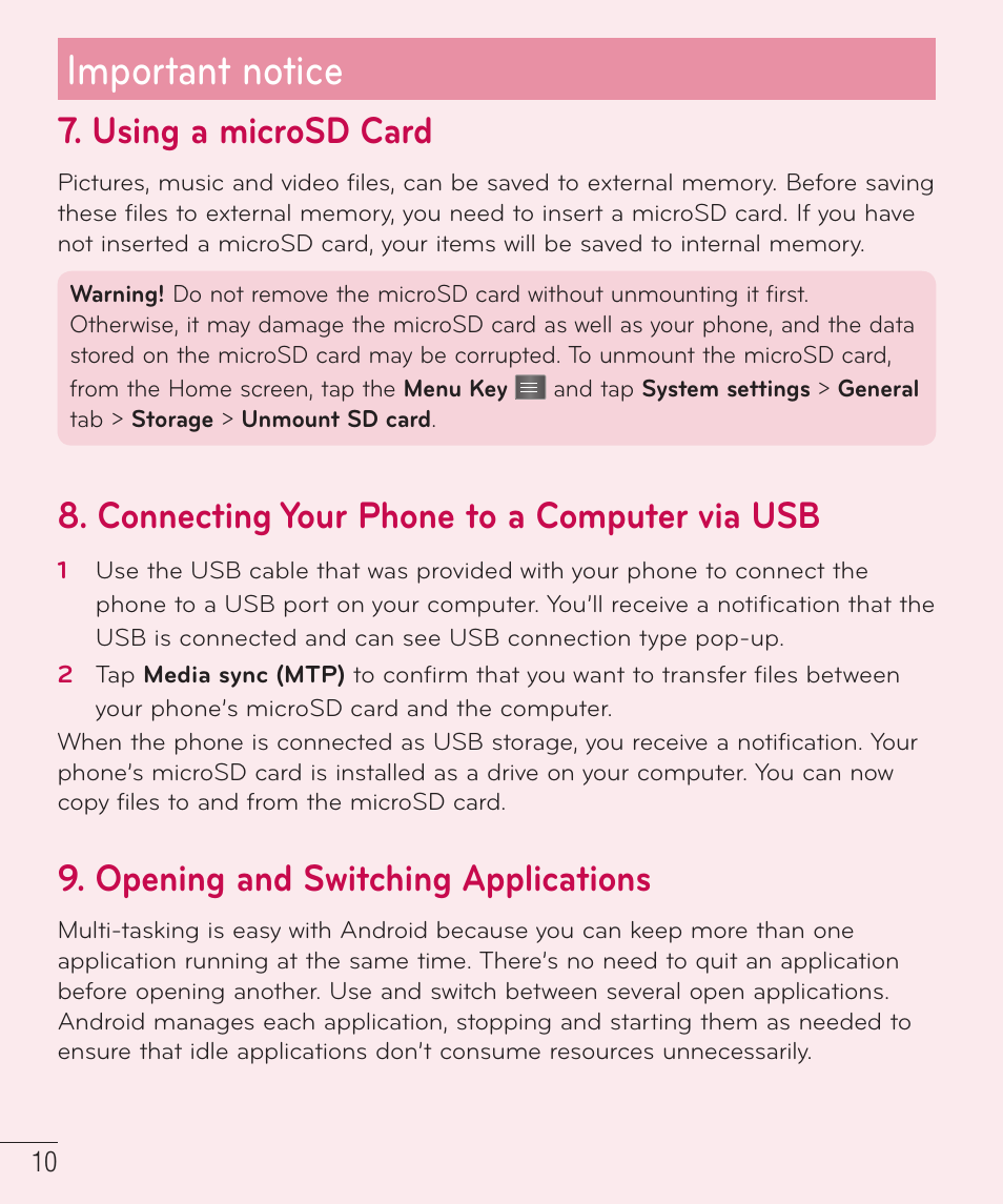Important notice, Using a microsd card, Connecting your phone to a computer via usb | Opening and switching applications | LG D415 User Manual | Page 12 / 122