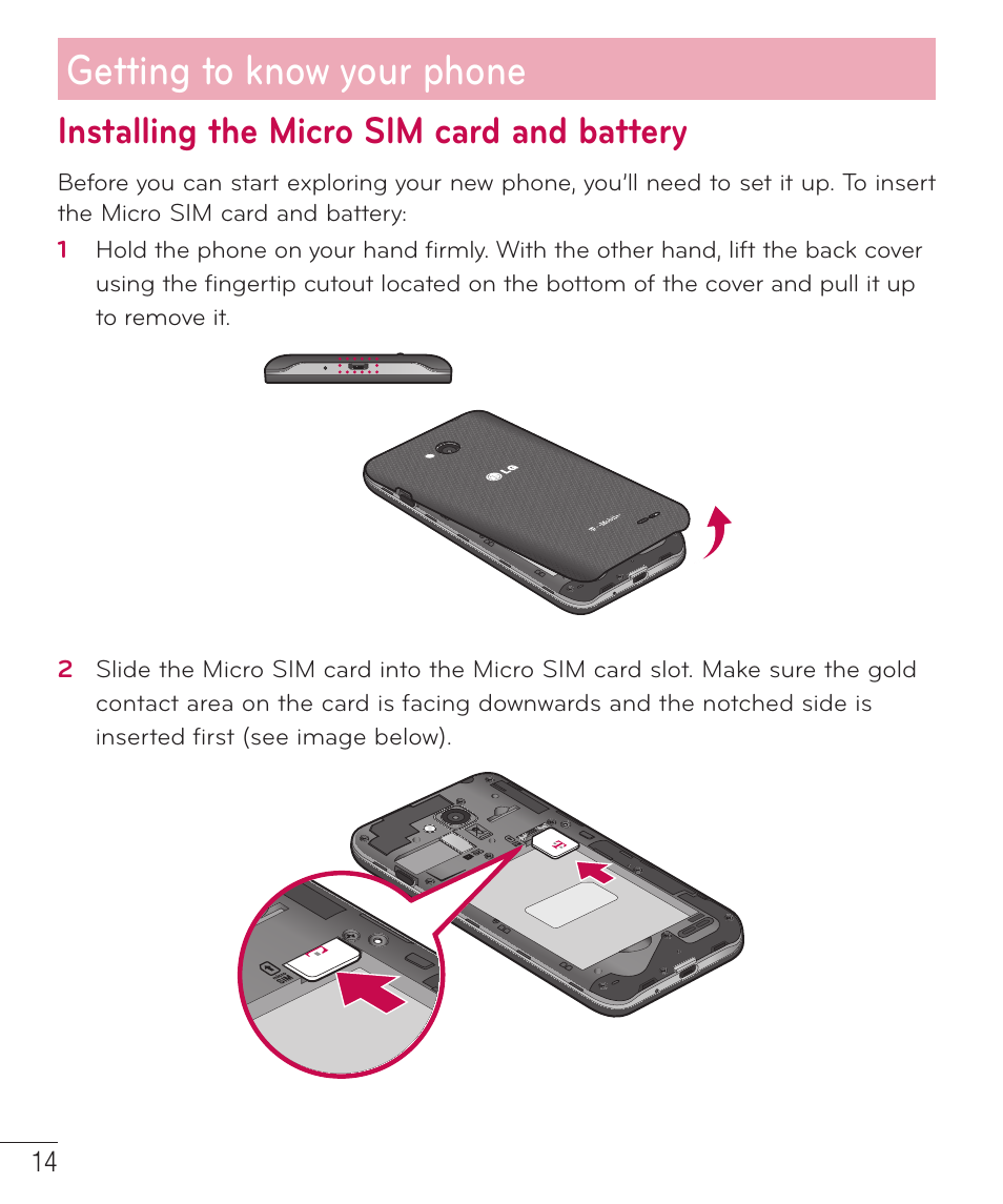 Installing the micro sim card and battery, Getting to know your phone | LG D415 User Manual | Page 16 / 122