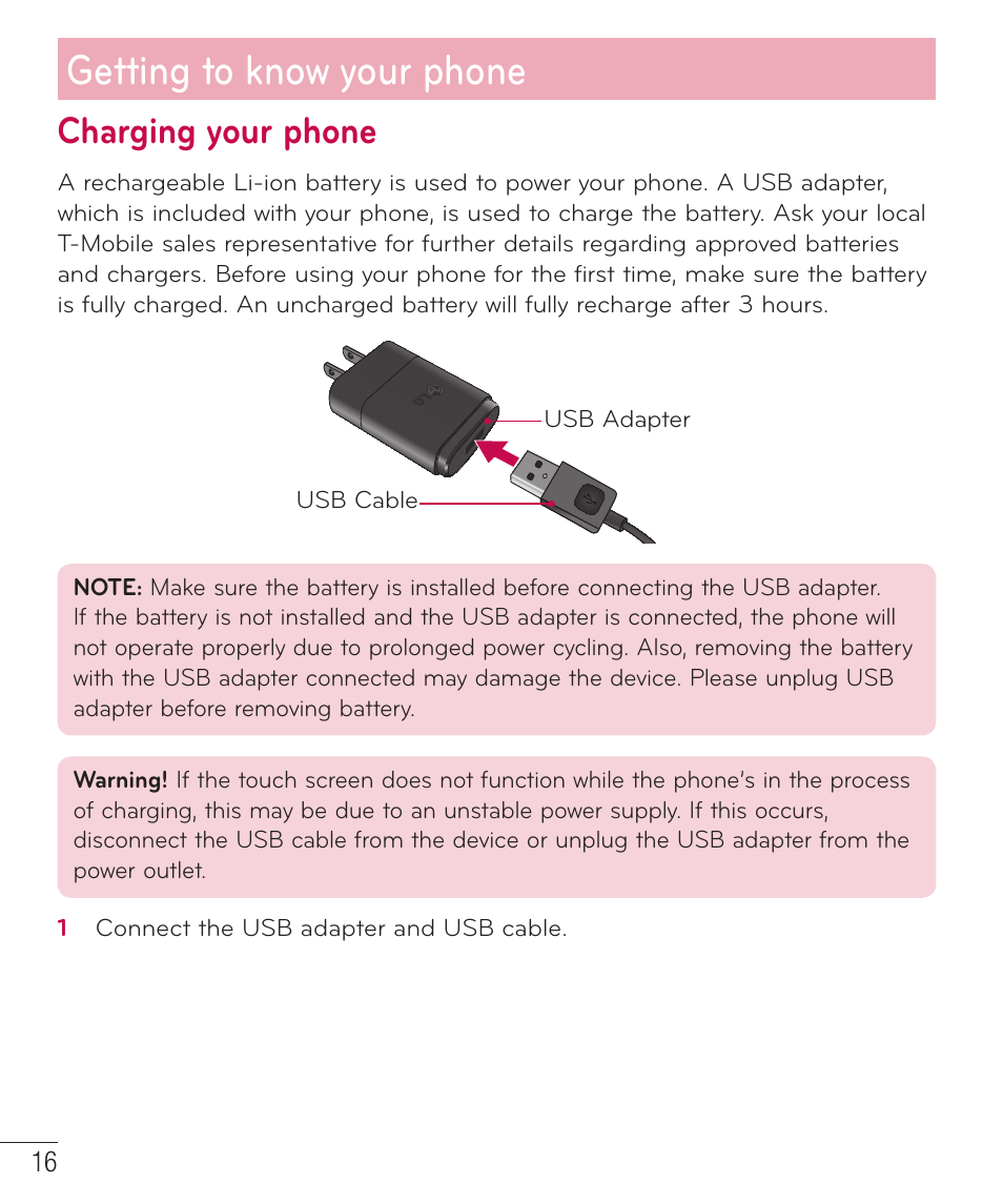 Charging your phone, Getting to know your phone | LG D415 User Manual | Page 18 / 122