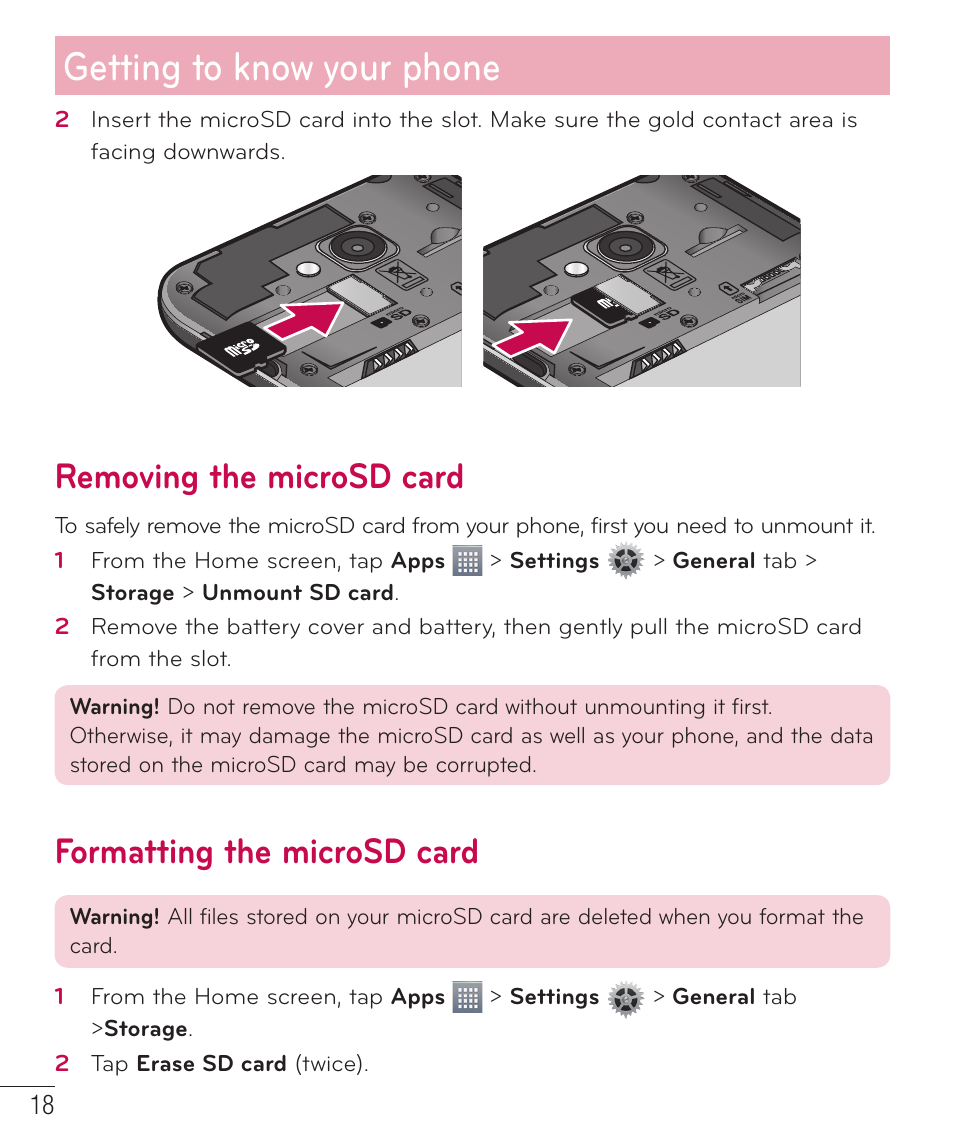 Removing the microsd card, Formatting the microsd card, Getting to know your phone | LG D415 User Manual | Page 20 / 122
