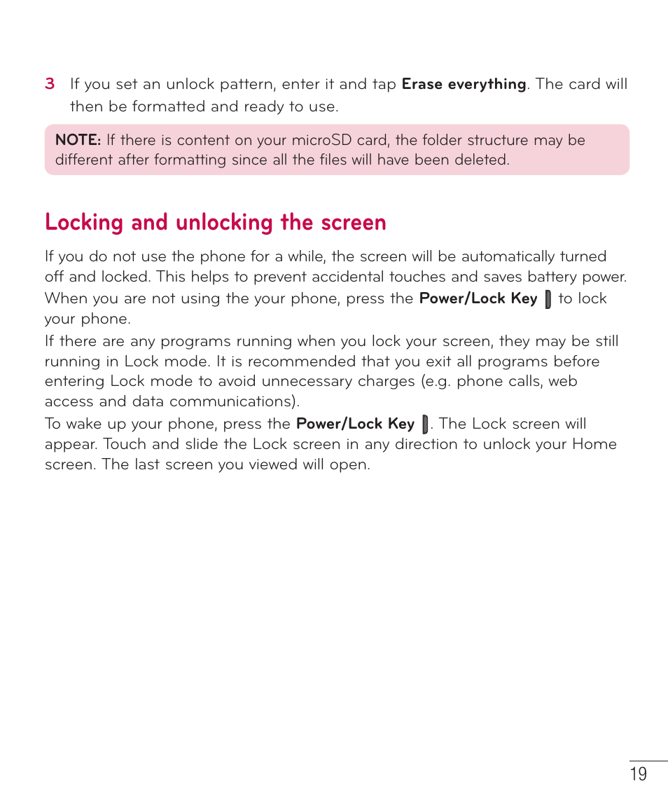 Locking and unlocking the screen | LG D415 User Manual | Page 21 / 122