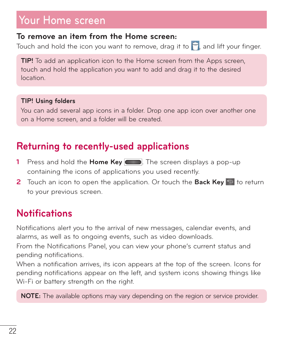 Returning to recently-used applications, Notifications, Your home screen | LG D415 User Manual | Page 24 / 122